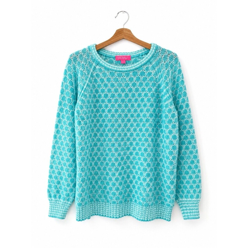 Lilly Pulitzer Aqua White Textured Knit Sweater Size XL Wool Blend